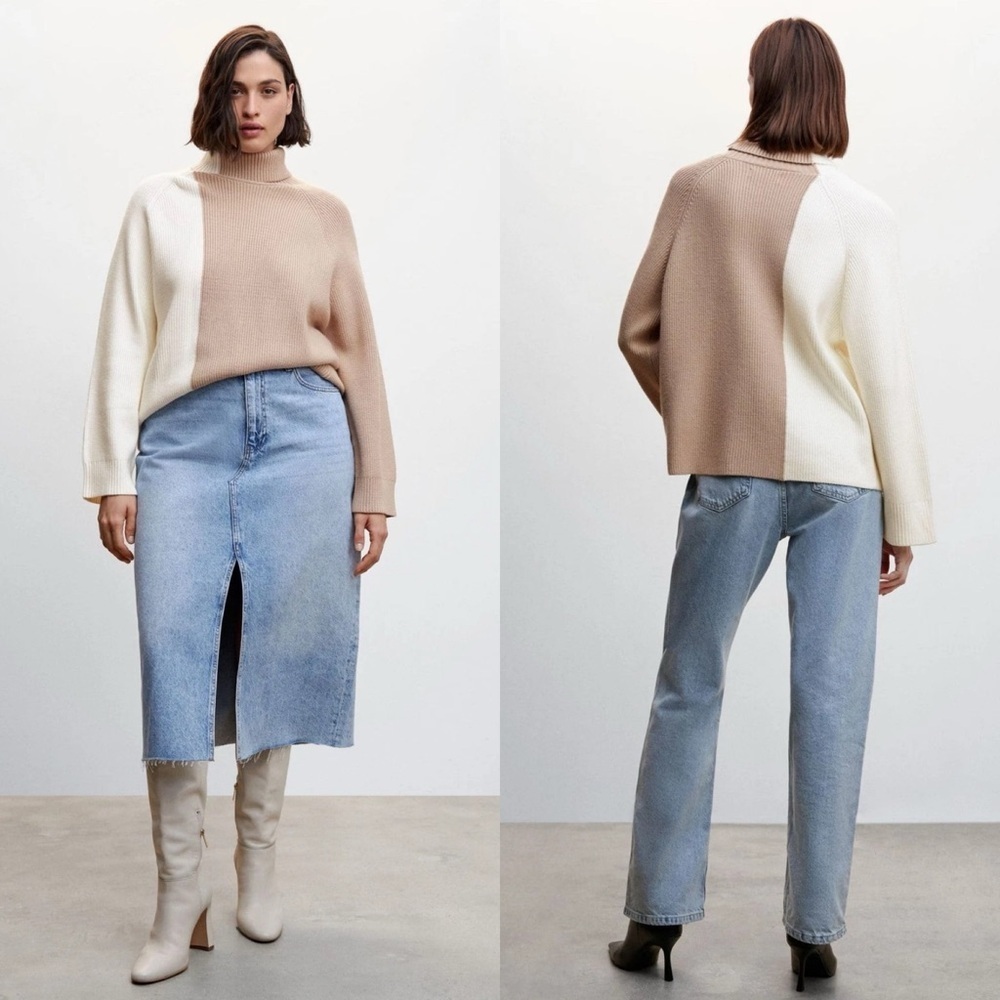 Mango MNG Oversized Two-Tone Ribbed Thick-Knit Turtleneck Sweater Beige Cream XL